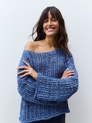 Blue Stitchy Off The Shoulder Flare Sleeve Jumper - Image 3 of 8