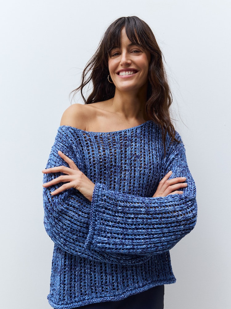Blue Stitchy Off The Shoulder Flare Sleeve Jumper - Image 3 of 8