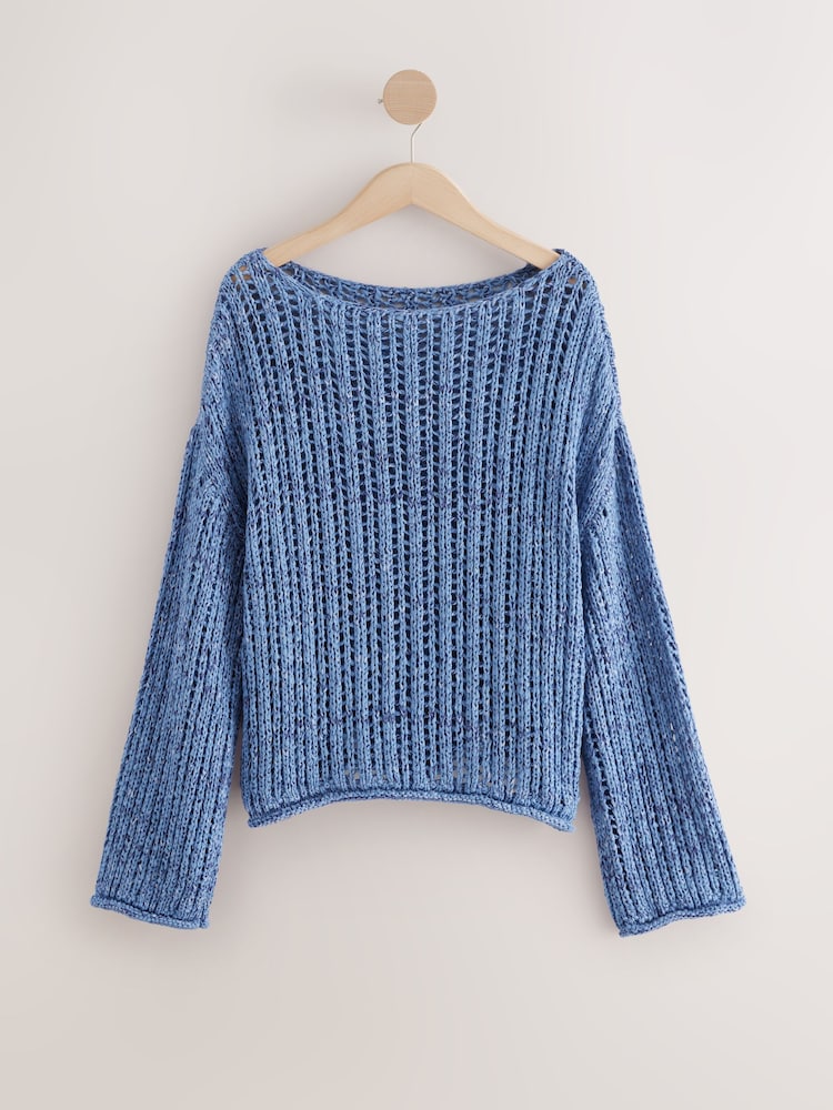 Blue Stitchy Off The Shoulder Flare Sleeve Jumper - Image 6 of 8
