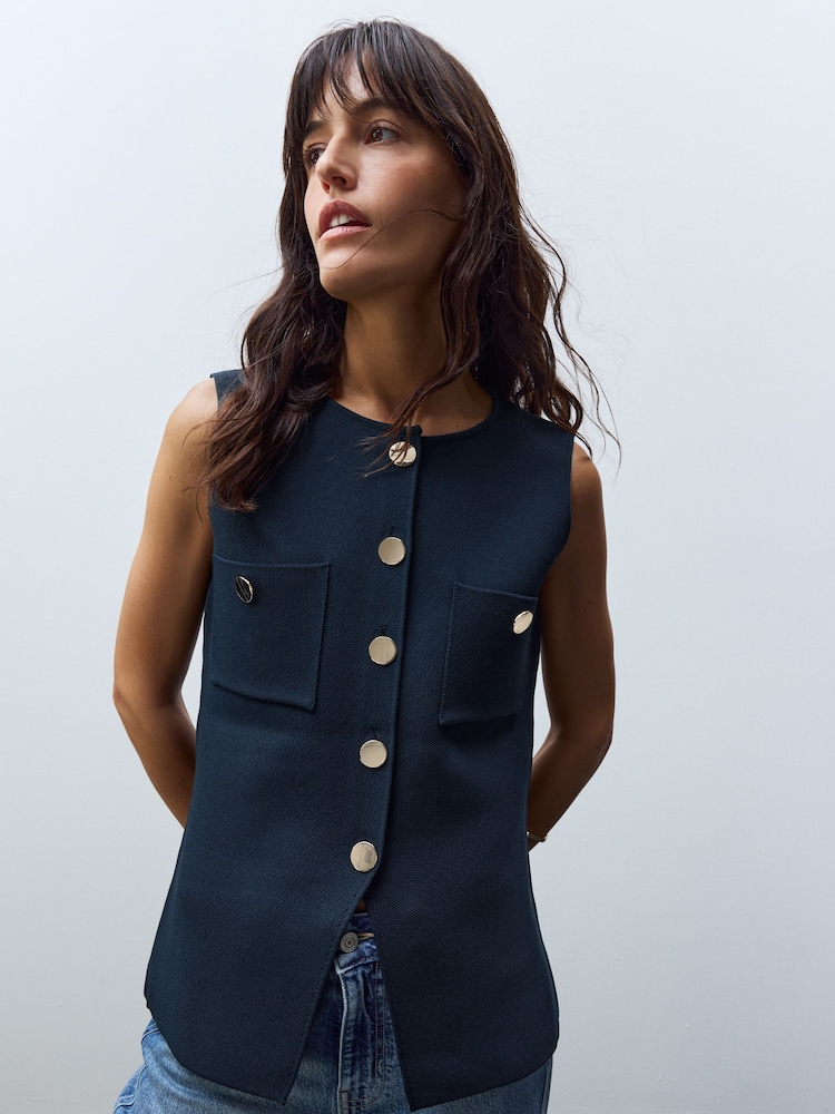 Blue Navy Smart Knitted Button Waistcoat Top - Image 1 of 1