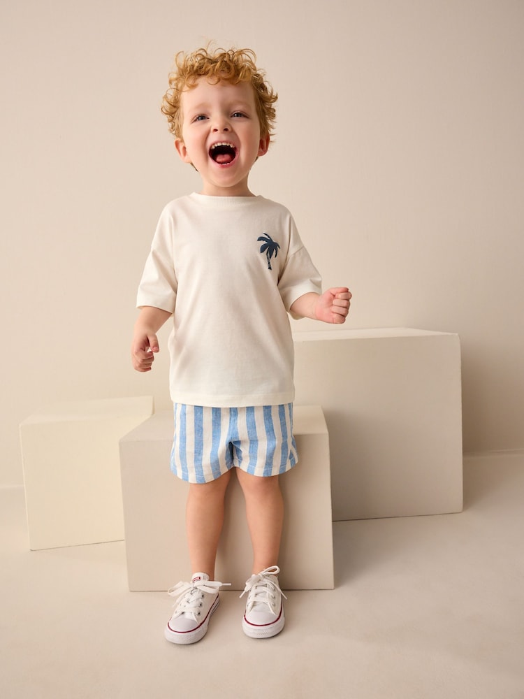 Blue/White Stripe Linen Blend Pull-On Shorts (3mths-7yrs) - Image 2 of 8