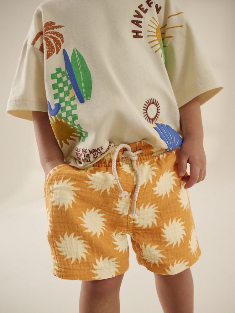 Ochre Yellow Printed Soft Textured Pull On Shorts (3mths-7yrs) - Image 1 of 8 Ochre Yellow Printed Soft Textured Pull On Shorts (3mths-7yrs) - Image 1 of 8