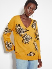 Monsoon Yellow Jess V-Neck Floral Jacquard Jumper - Image 1 of 5