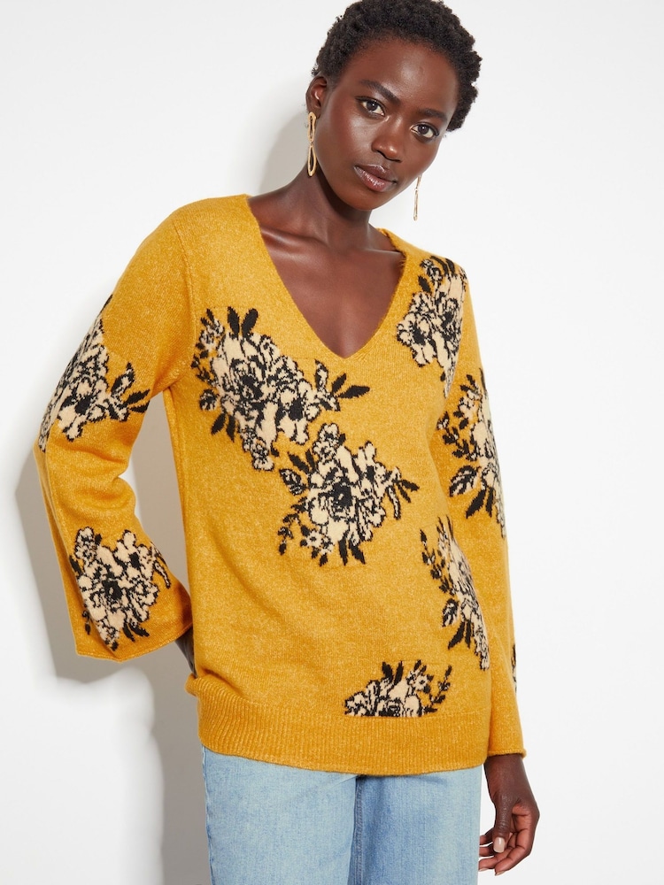 Monsoon Yellow Jess V-Neck Floral Jacquard Jumper - Image 1 of 5