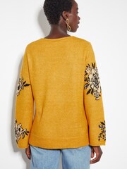 Monsoon Yellow Jess V-Neck Floral Jacquard Jumper - Image 3 of 5