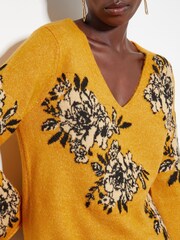 Monsoon Yellow Jess V-Neck Floral Jacquard Jumper - Image 4 of 5