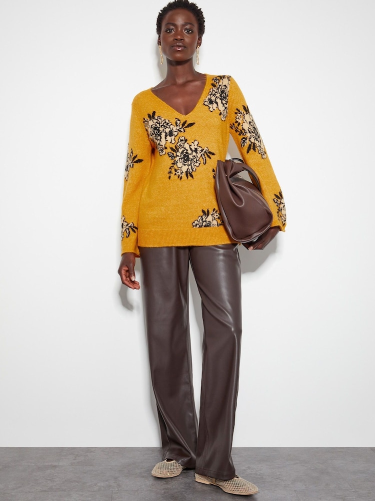 Monsoon Yellow Jess V-Neck Floral Jacquard Jumper - Image 5 of 5