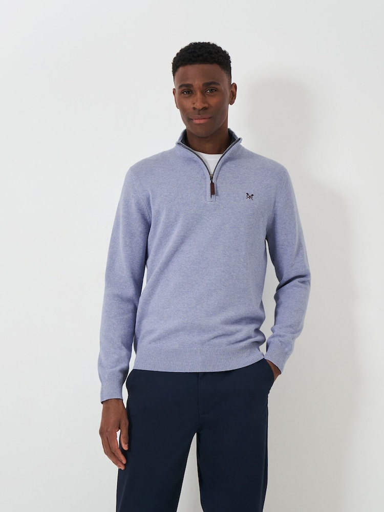 Crew Clothing Blue Quarter Zip Knitted 100% Cotton Jumper - Image 1 of 5