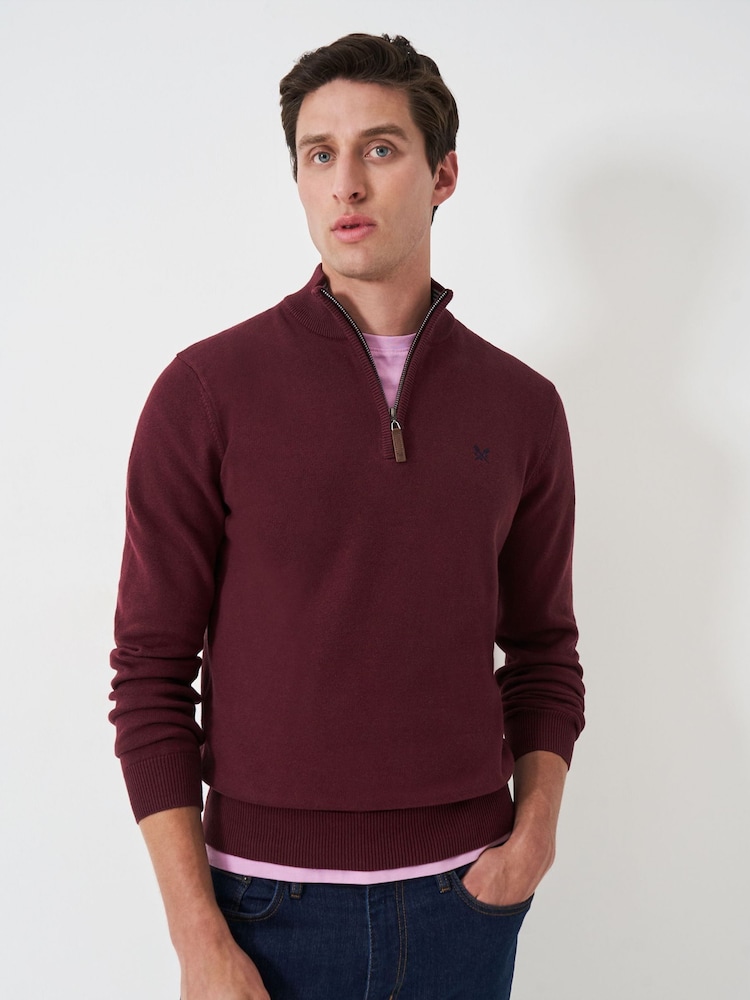 Crew Clothing Red Quarter Zip Knitted 100% Cotton Jumper - Image 1 of 5