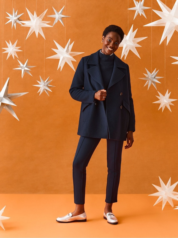 Crew Clothing Blue Wool Blend Pea Coat - Image 1 of 5