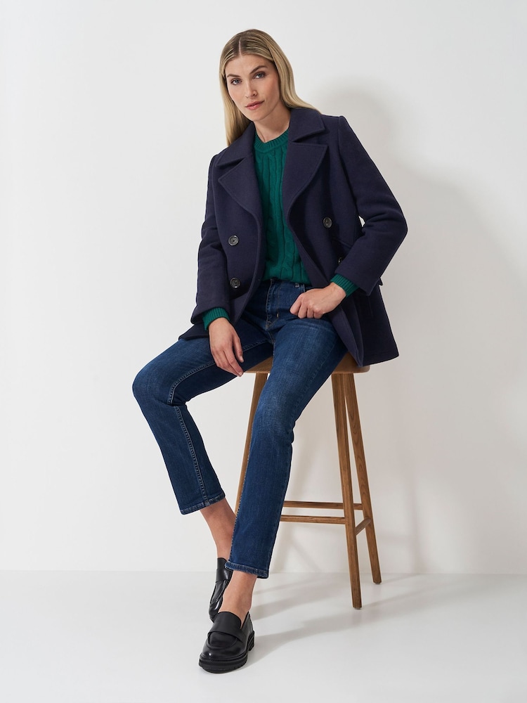 Crew Clothing Blue Wool Blend Pea Coat - Image 4 of 5