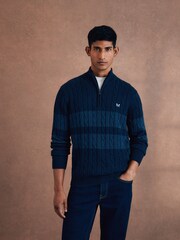 Crew Clothing Blue Cable Knit Quarter Zip 100% Cotton Jumper - Image 1 of 5