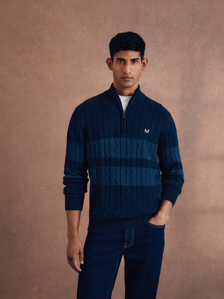Crew Clothing Blue Cable Knit Quarter Zip 100% Cotton Jumper - Image 1 of 5