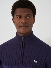 Crew Clothing Blue Cable Knit Quarter Zip 100% Cotton Jumper - Image 4 of 5
