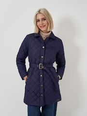 Crew Clothing Blue Belted Diamond Quilted Coat - Image 1 of 5