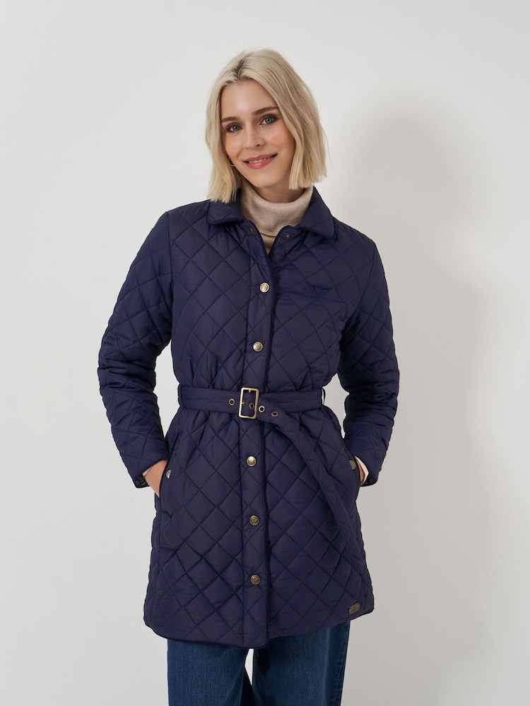 Crew Clothing Blue Belted Diamond Quilted Coat - Image 1 of 5