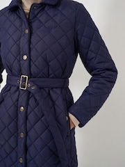 Crew Clothing Blue Belted Diamond Quilted Coat - Image 4 of 5