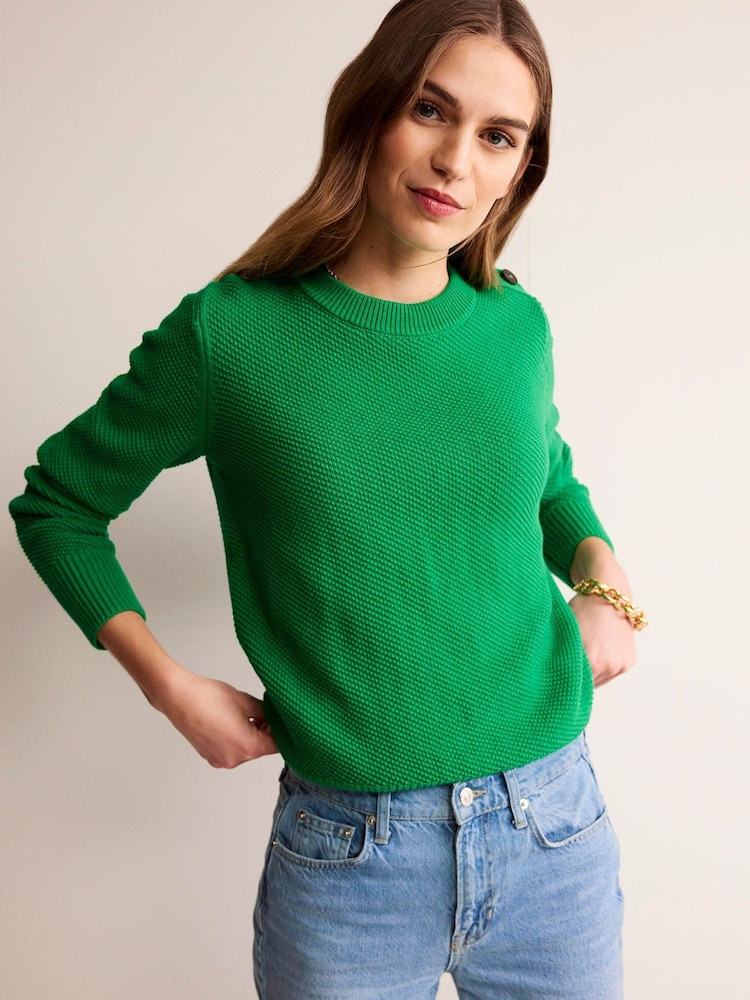 Boden Green 100% Cotton Button Detail Stitch Jumper - Image 1 of 6 Boden Green 100% Cotton Button Detail Stitch Jumper - Image 1 of 6