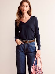 Boden Blue Merino Scallop V-Neck Jumper - Image 1 of 6