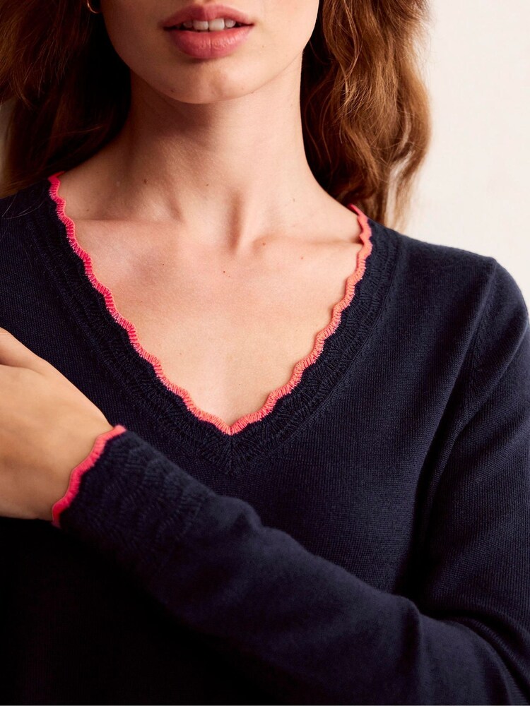 Boden Blue Merino Scallop V-Neck Jumper - Image 2 of 6