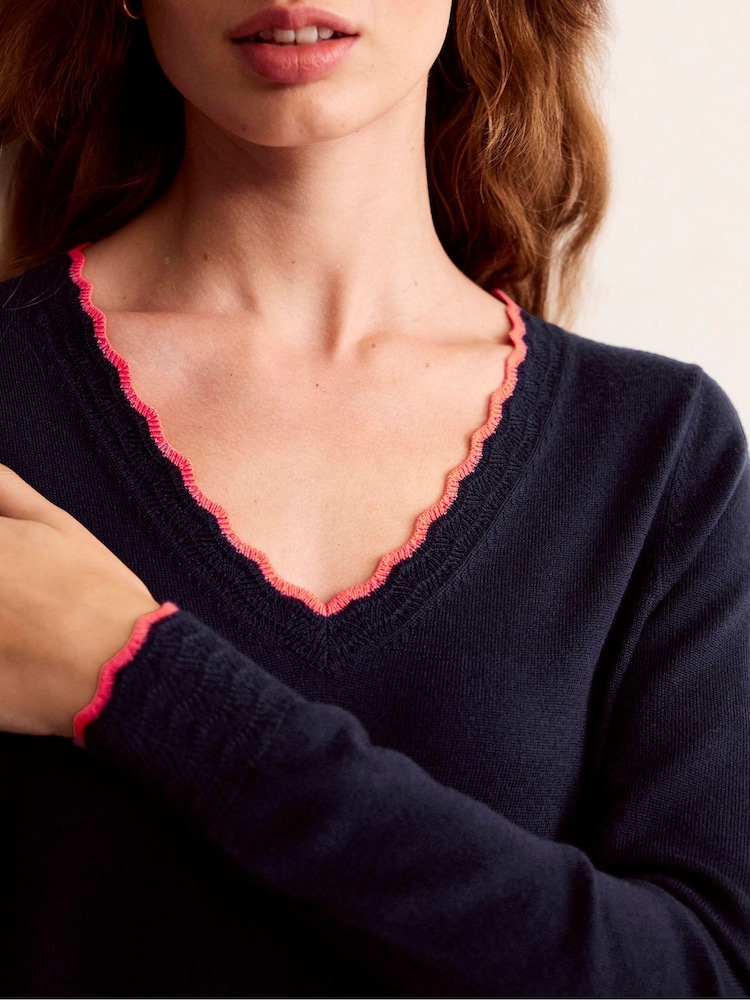 Boden Blue Merino Scallop V-Neck Jumper - Image 2 of 6 Boden Blue Merino Scallop V-Neck Jumper - Image 2 of 6