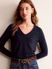 Boden Blue Merino Scallop V-Neck Jumper - Image 4 of 6