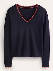 Boden Blue Merino Scallop V-Neck Jumper - Image 5 of 6