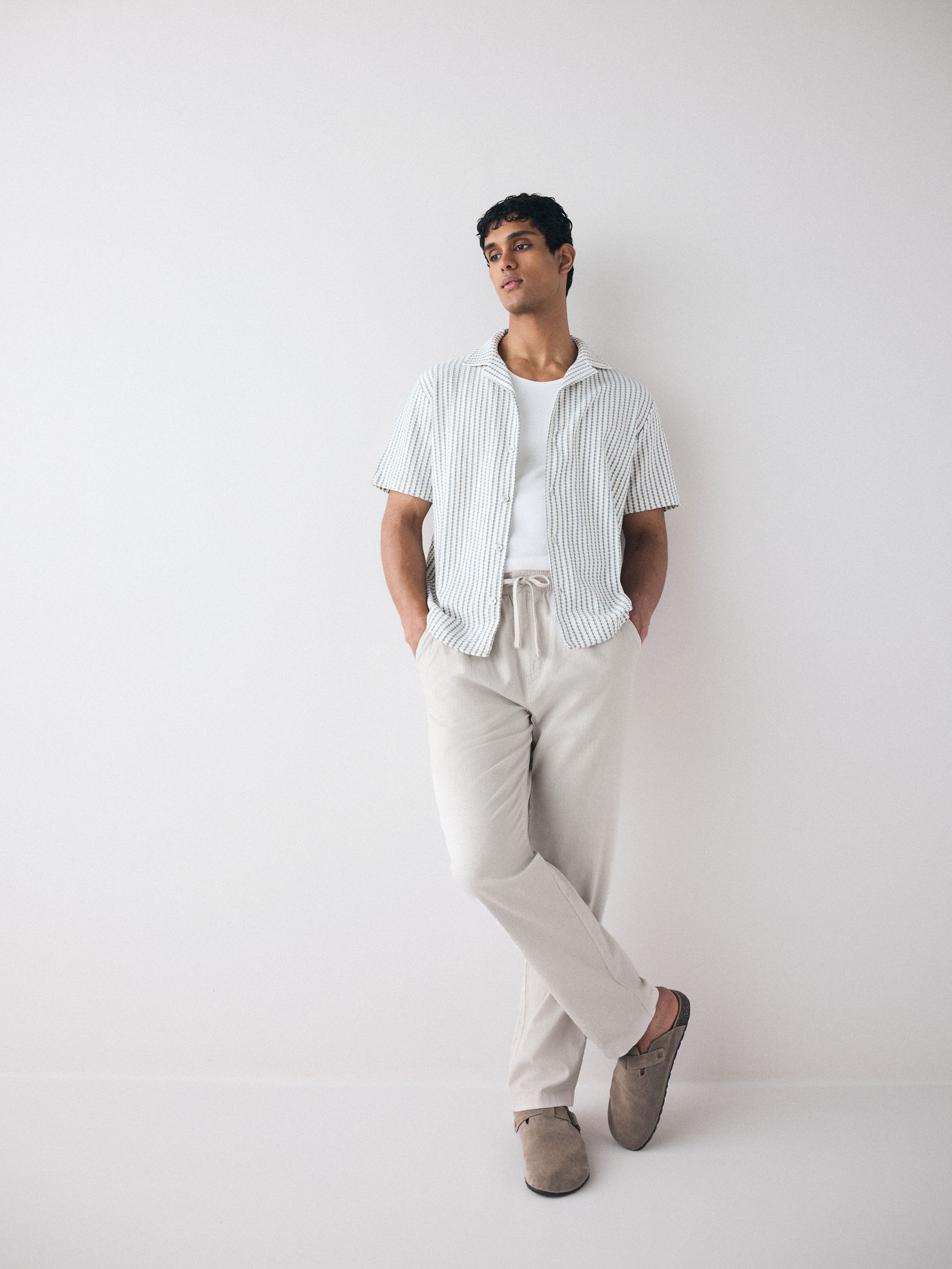 Buy Light Grey Regular Tapered Fit Linen Cotton Elasticated