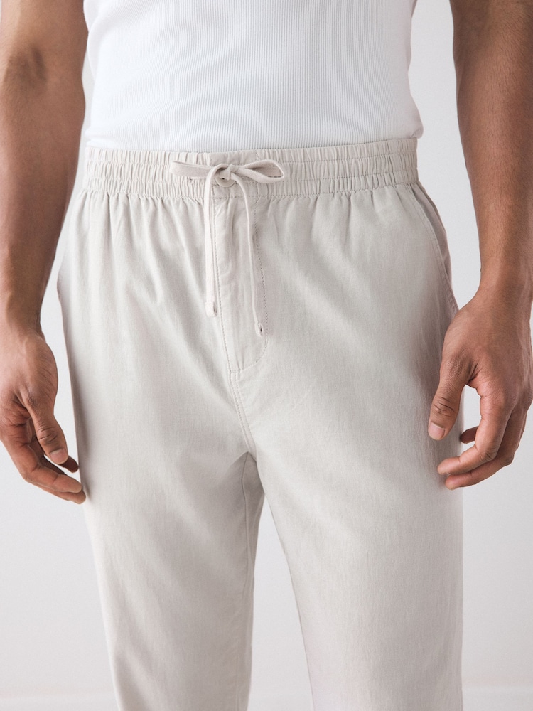 Gri deschis - Croială conică mărime standard - Pantaloni cu șnur în talie elastică din bumbac Lenjerie de pat - Image 7 of 12