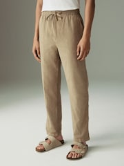 Світло-коричневий - Звичайна конічна посадка - льон Cotton Elasticated Waist Drawstring штани - Image 1 of 12