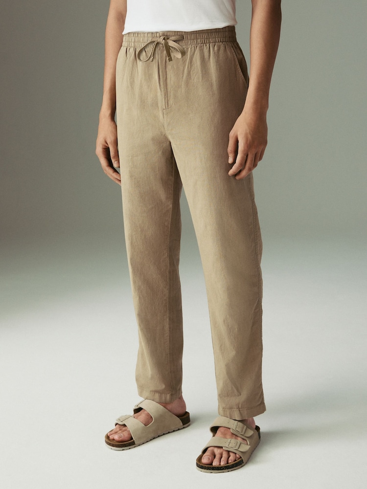 Світло-коричневий - Звичайна конічна посадка - льон Cotton Elasticated Waist Drawstring штани - Image 1 of 12
