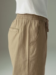 Світло-коричневий - Звичайна конічна посадка - льон Cotton Elasticated Waist Drawstring штани - Image 7 of 12
