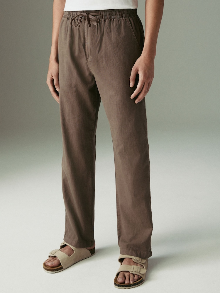 Pilzbraun - Bequeme Passform - Hose mit elastischem Kordelzug in der Taille aus Leinen und Baumwolle - Bild 1 von 12 Pilzbraun - Bequeme Passform - Hose mit elastischem Kordelzug in der Taille aus Leinen und Baumwolle - Bild 1 von 12