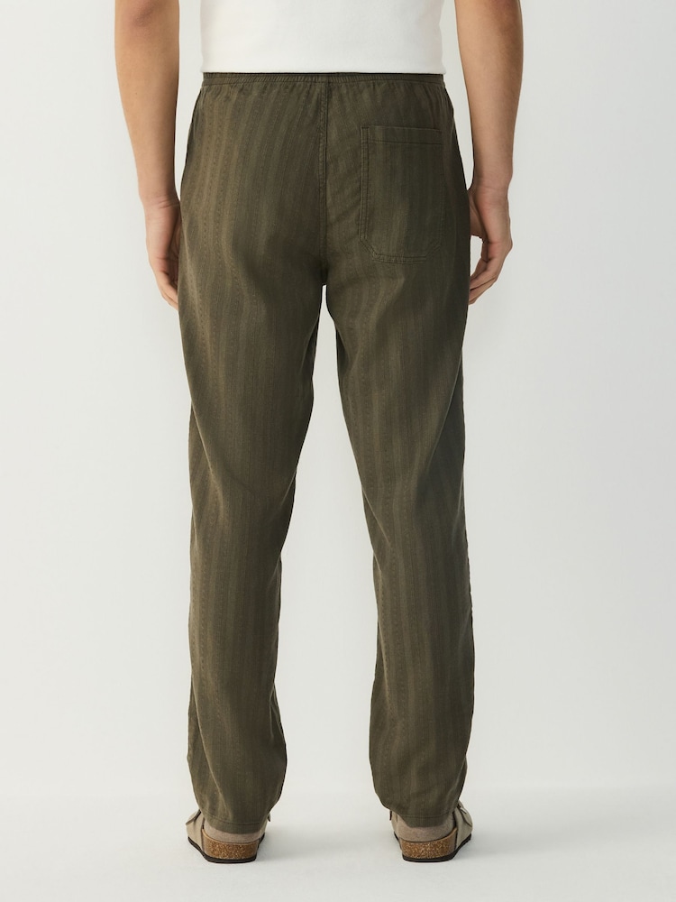 Khaki Green Regular Tapered Fit Cotton Linen Striped Trousers - Image 3 of 9