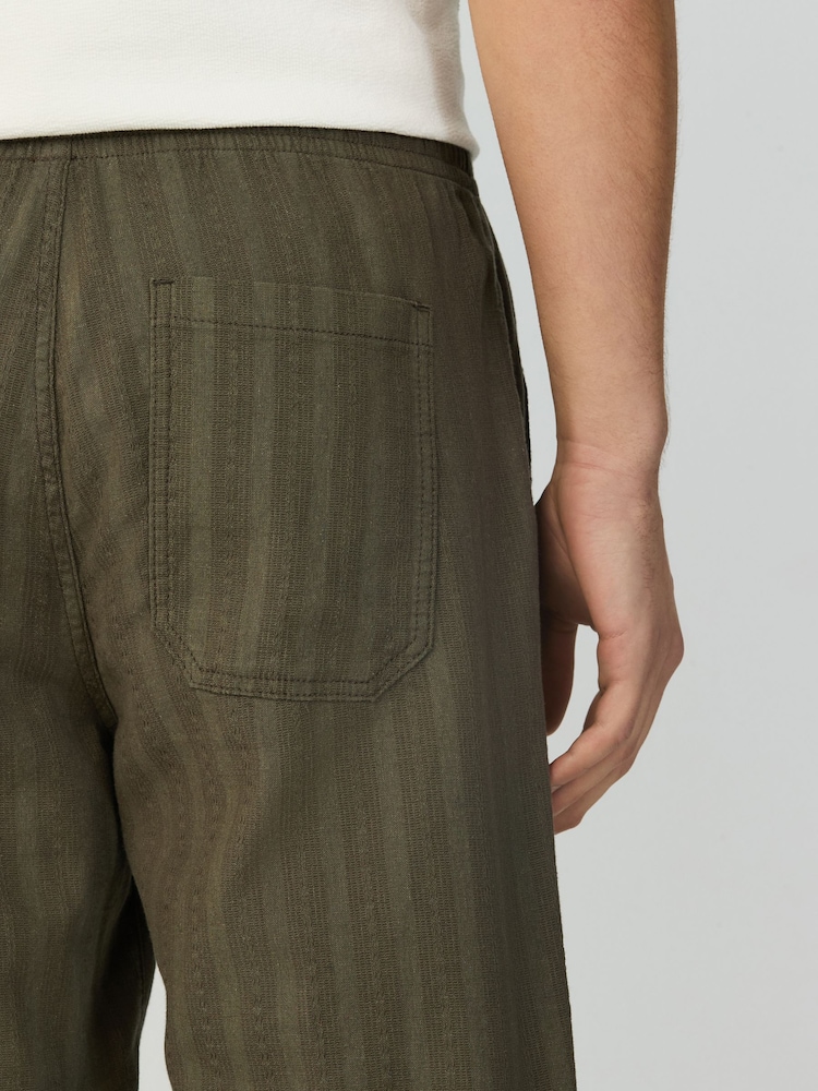 Khaki Green Regular Tapered Fit Cotton Linen Striped Trousers - Image 5 of 9