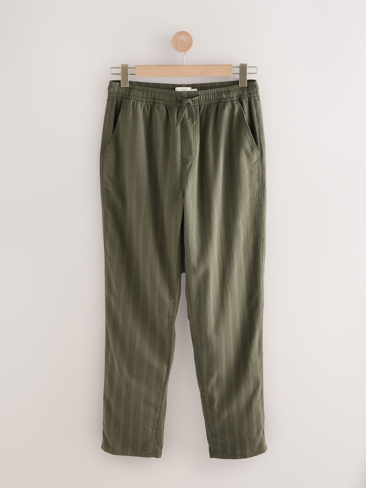 Khaki Green Regular Tapered Fit Cotton Linen Striped Trousers - Image 6 of 9
