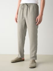 Sage Green Regular Tapered Fit Textured Linen Cotton Elasticated Drawstring Trousers - Image 1 of 11