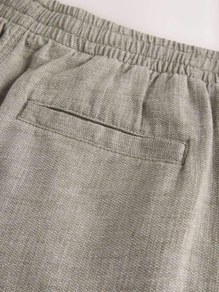 Sage Green Regular Tapered Fit Textured Linen Cotton Elasticated Drawstring Trousers - Image 11 of 11