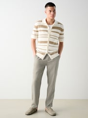 Sage Green Regular Tapered Fit Textured Linen Cotton Elasticated Drawstring Trousers - Image 2 of 11