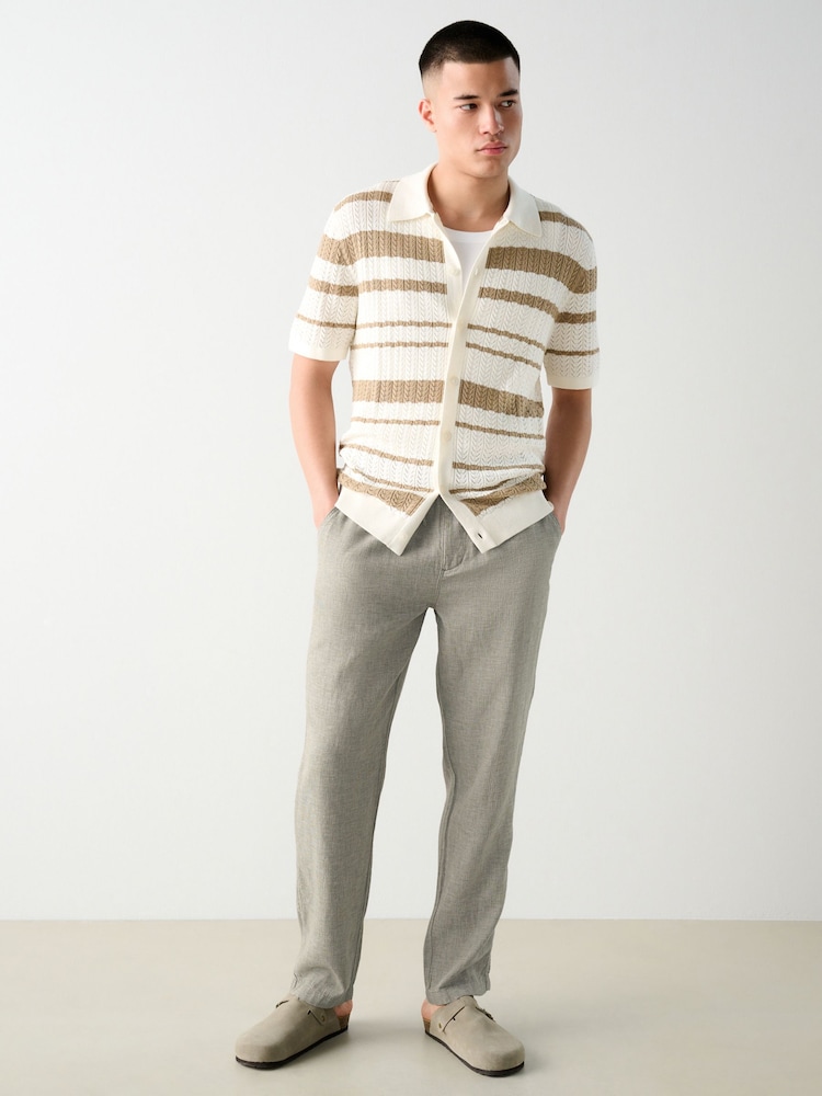 Sage Green Regular Tapered Fit Textured Linen Cotton Elasticated Drawstring Trousers - Image 2 of 11