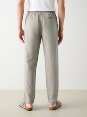 Sage Green Regular Tapered Fit Textured Linen Cotton Elasticated Drawstring Trousers - Image 3 of 11