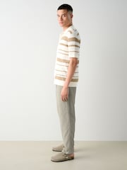 Sage Green Regular Tapered Fit Textured Linen Cotton Elasticated Drawstring Trousers - Image 4 of 11