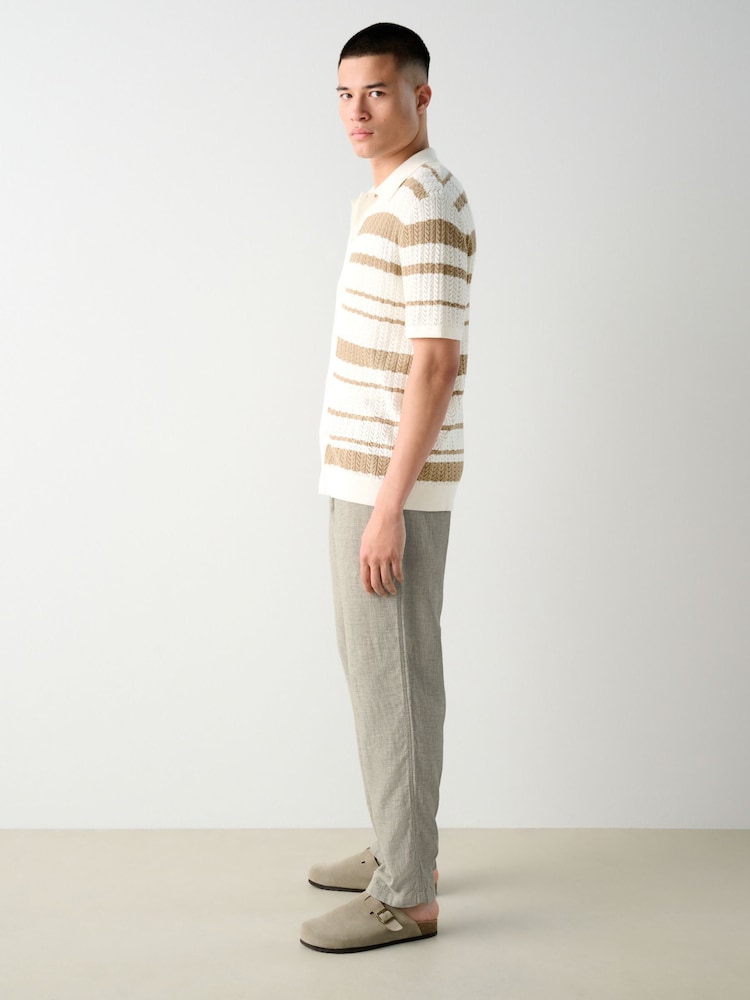 Sage Green Regular Tapered Fit Textured Linen Cotton Elasticated Drawstring Trousers - Image 4 of 11