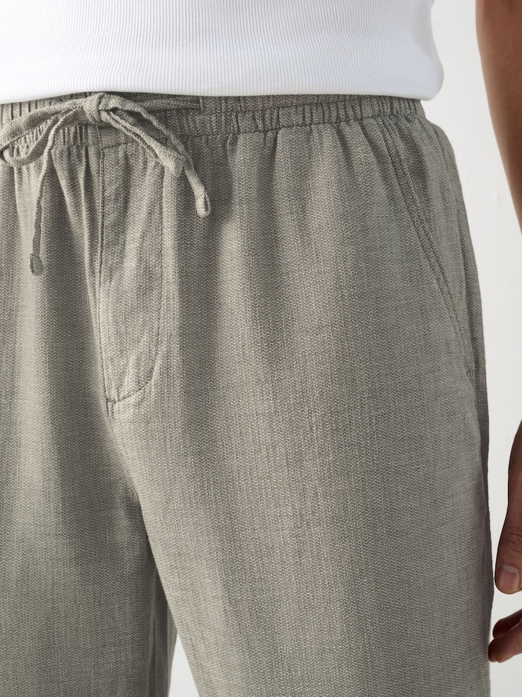 Sage Green Regular Tapered Fit Textured Linen Cotton Elasticated Drawstring Trousers - Image 5 of 11