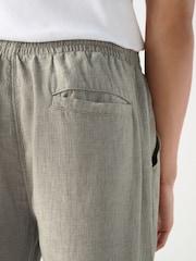 Sage Green Regular Tapered Fit Textured Linen Cotton Elasticated Drawstring Trousers - Image 7 of 11
