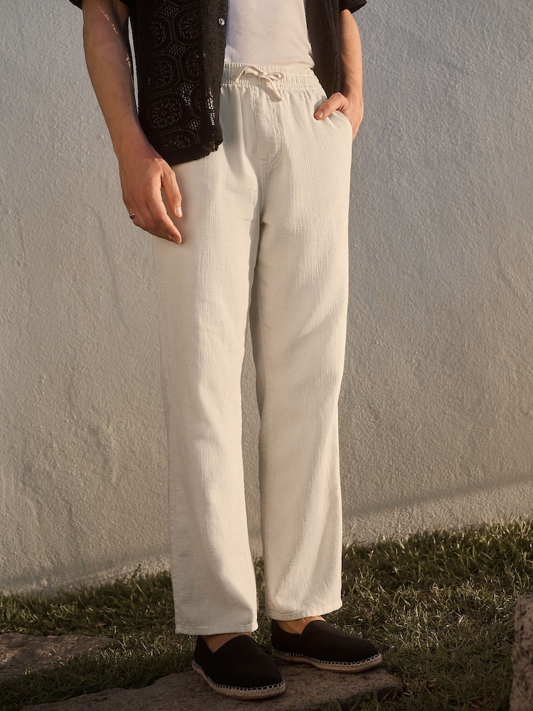 Blanco crudo - Textured Elasticated Waist 100% Cotton Trousers - Imagen 1 de 8