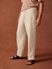 Neutral/Brown Stripe Textured Striped Elasticated Waist 100% Cotton Trousers - Image 1 of 10