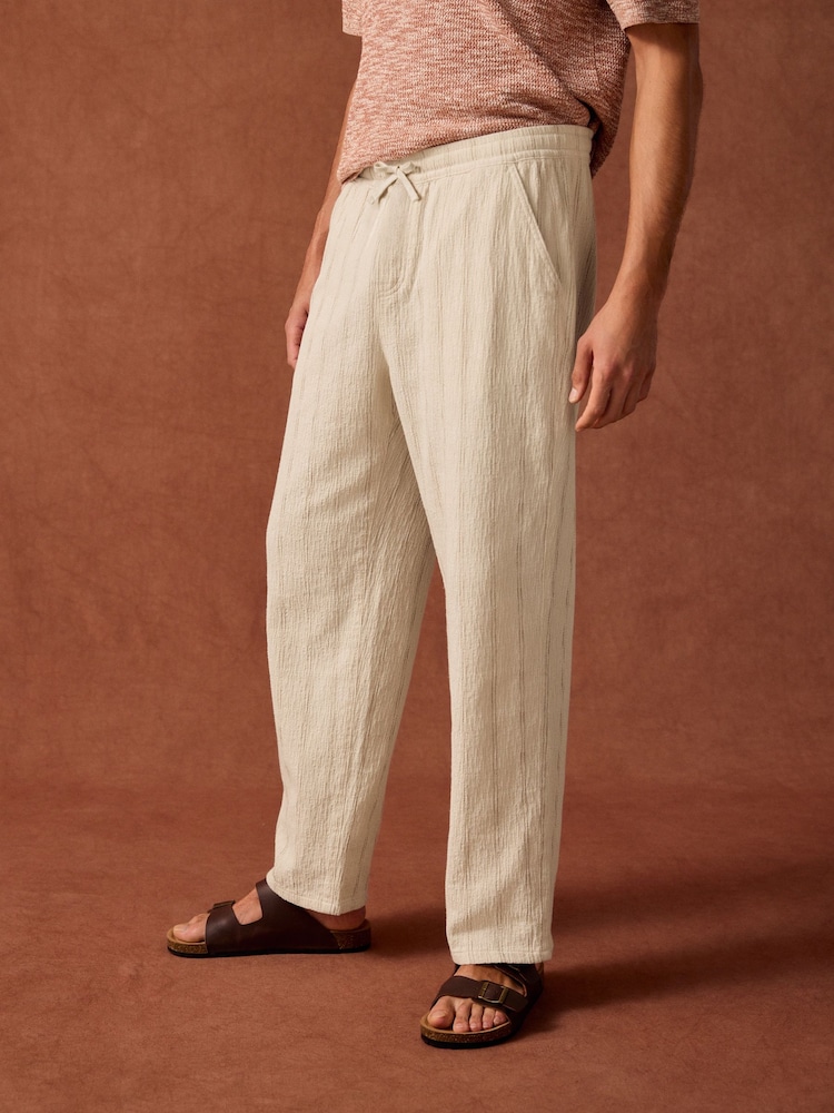 Neutral/Brown Stripe Textured Striped Elasticated Waist 100% Cotton Trousers - Image 1 of 10