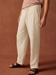 Neutral/Brown Stripe Textured Striped Elasticated Waist 100% Cotton Trousers - Image 10 of 10