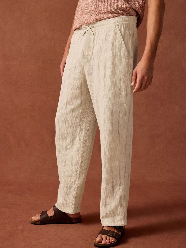 Neutral/Brown Stripe Textured Striped Elasticated Waist 100% Cotton Trousers - Image 10 of 10